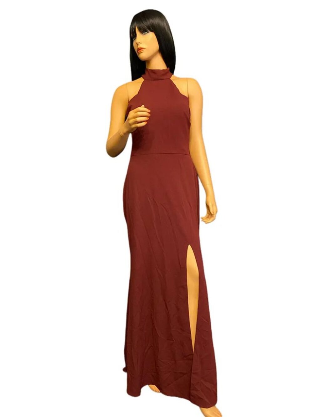 Aqua Burgundy Halter Neck High Slit Evening Gown